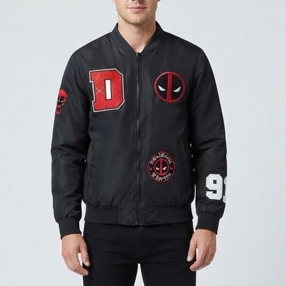 Marvel Deadpool Bomber Jacket Black Varsity Letterman Patch Zip Up Small
